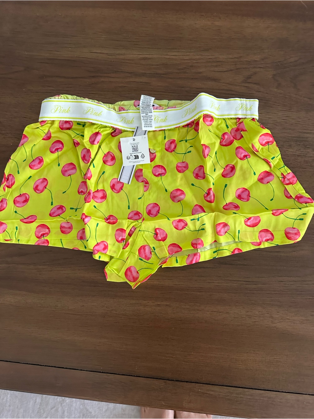 PINK Victoria's Secret Light Green/Lime Cherry-Print Silky Boxy Sleep Shorts - Picture 3 of 5